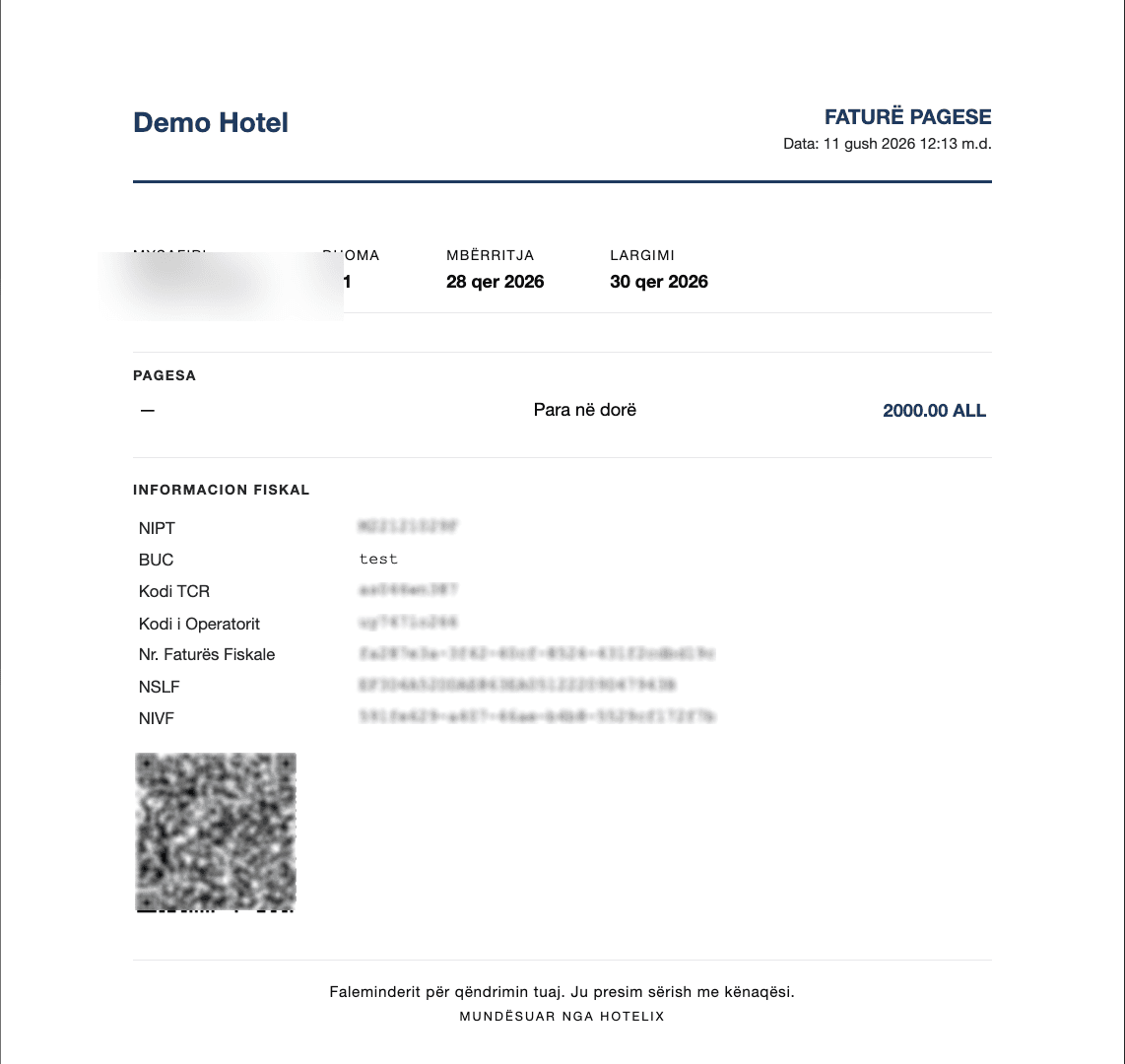 Fatura fiskale e Hotelix me kod QR, e gjeneruar automatikisht